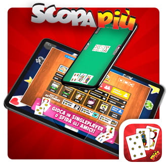 Immagine che mostra il logo della Scopa Più e un tablet e un telefono cellulare col gioco della Scopa sui loro schermi.