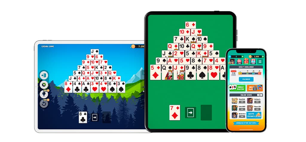 Image showing all the devices where solitaire Plus can be played (a mobile phone, a tablet, a laptop and a desktop), all showing the solitaire game on their screens.