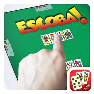 Immagine che mostra il logo dell´Escoba Más e un tablet col gioco dell´ Escoba sullo schermo.